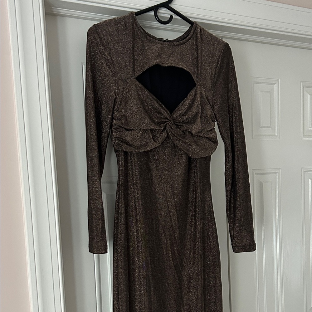 Astr Shimmering Brown Long Sleeve Dress